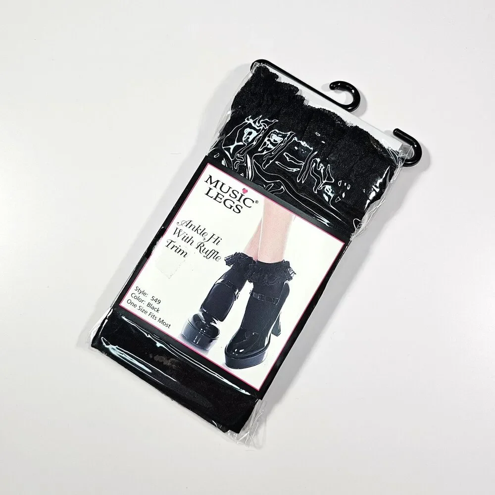 Lot of 2 Music Legs Ankle Socks with Ruffle Trim, Black & White, One Size